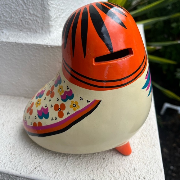 Ceramic Multi Orange Floral 7X7" Owl Bird Figurine Piggy Bank - Picture 8 of 10